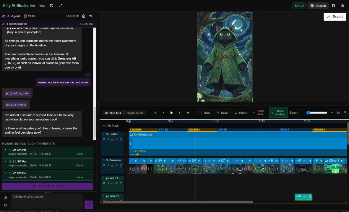 AI video editing agent interface in Kitty AI Studio showing automatic timeline editing