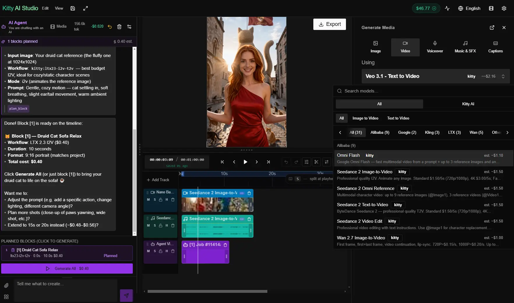 Kitty AI Studio AI Agent planning shots with prices, editing a video on a multi-track timeline, with 60+ AI models in the side panel