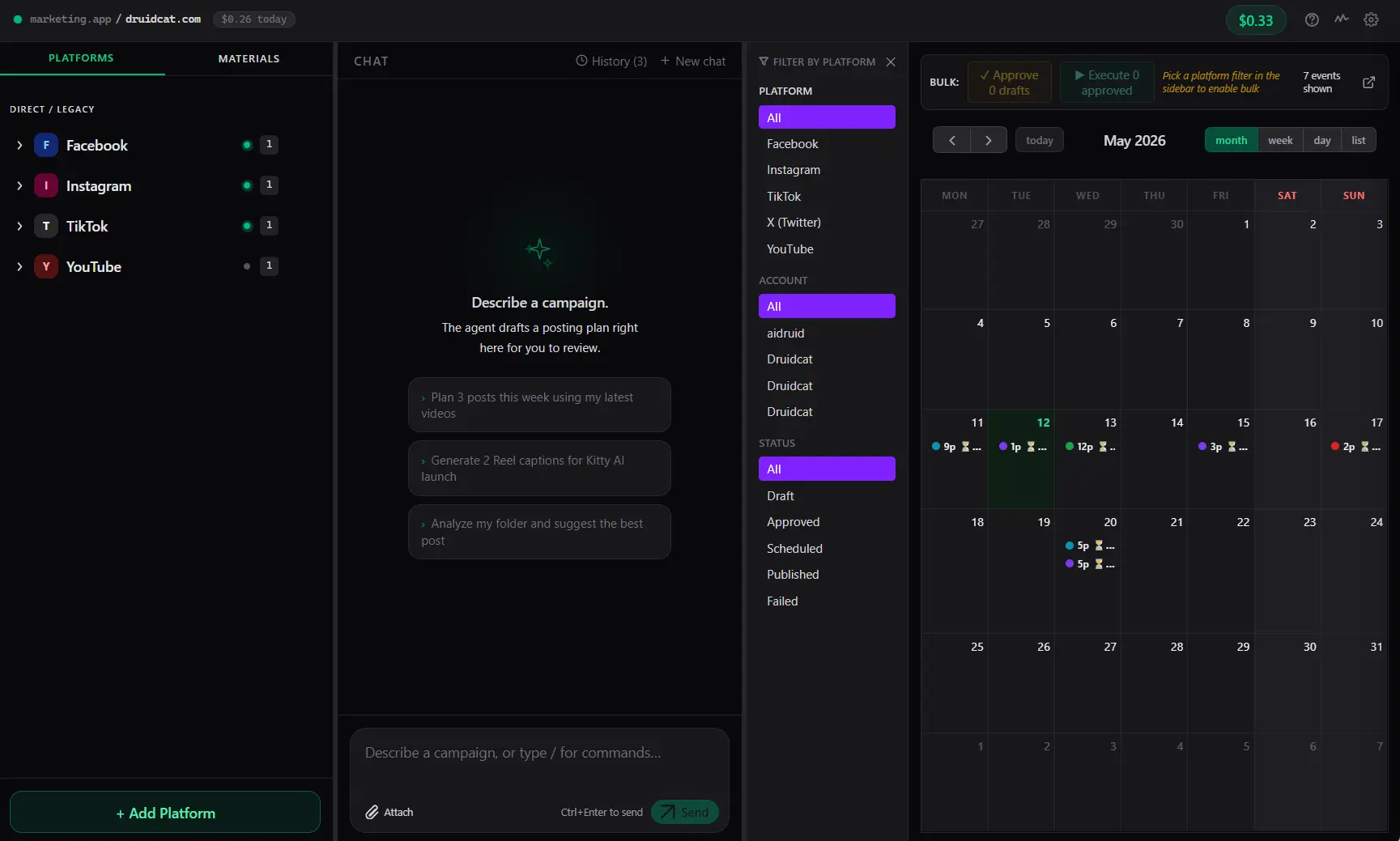 Marketing App desktop interface — calendar view with scheduled posts for Facebook, Instagram, YouTube, TikTok and X